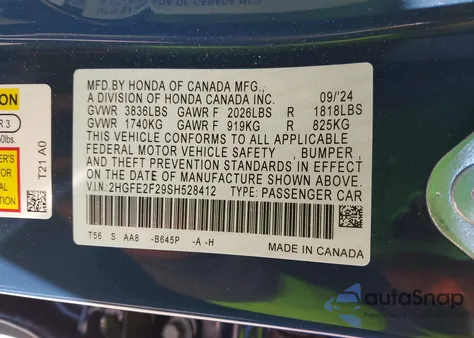 2025 Honda Civic Lx from USA, damaged, VIN 2HGFE2F29SH528412